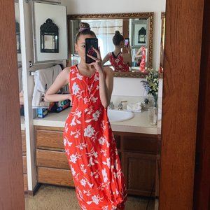 RED & WHITE HAWAIIAN PRINT MAXI DRESS